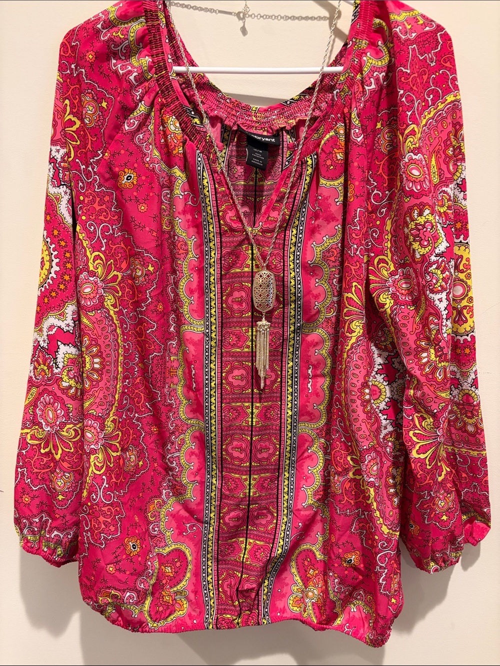 Lane Bryant Hot Pink Paisley Peasant Tunic with Tassel